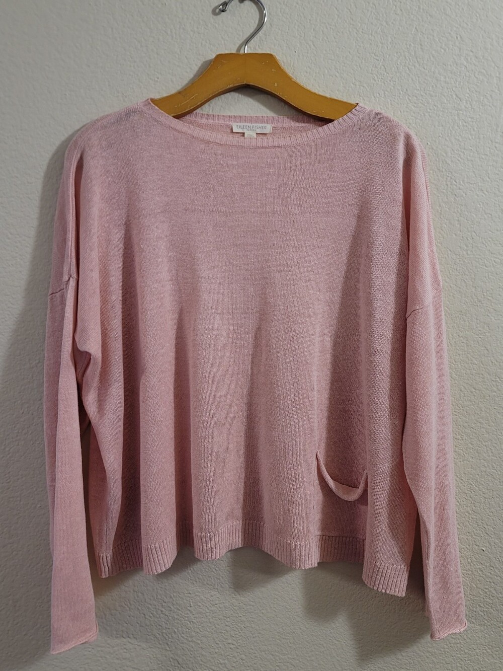 EILEEN FISHER 100% Organic Linen Knit Boxy Pink Top PL Side Pocket